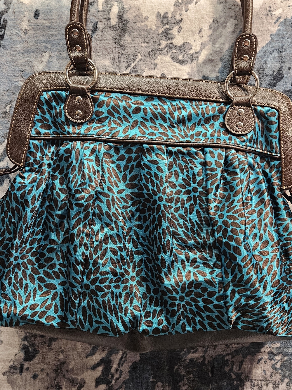 Apt. 9 Teal and Brown Floral Pleated Tote with Ring-Accent Straps